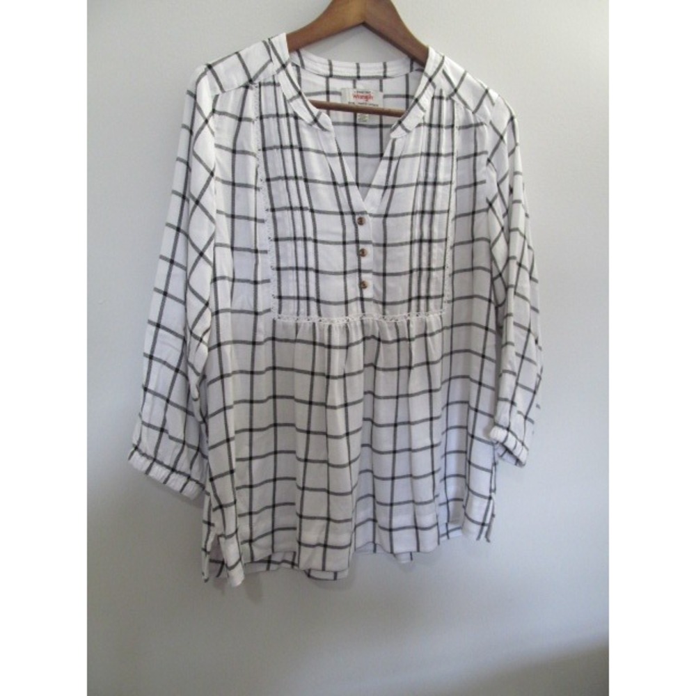 Wrangler Womens Small White/Black Grid Plaid Peplum Blouse Long Sleeve Viscose